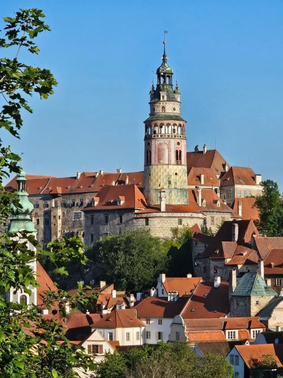 View of Český Krumlov castle tower above the historic old town